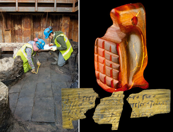 A Roman tiled floor within a small wattle building Right: Amber amulet in the shape of a gladiator's helmet