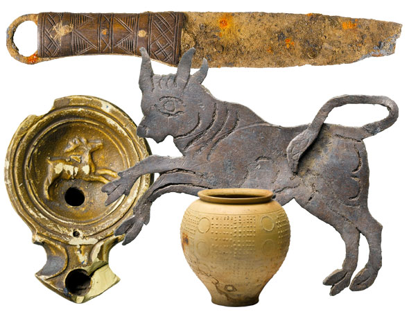 A lead or tin plaque depicting a bull; A late 1st to mid-century iron knife; A mid to late 1st-century ceramic beaker with applied ring and dot decoration; A ceramic oil lamp depicting a stag (France, mid-1st century AD)