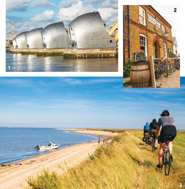 Clockwise from top left: The magnificent Thames Barrier; Whitstable for oysters and art; Follow the coastal, grassy path at Bradwell-on-Sea, Essex