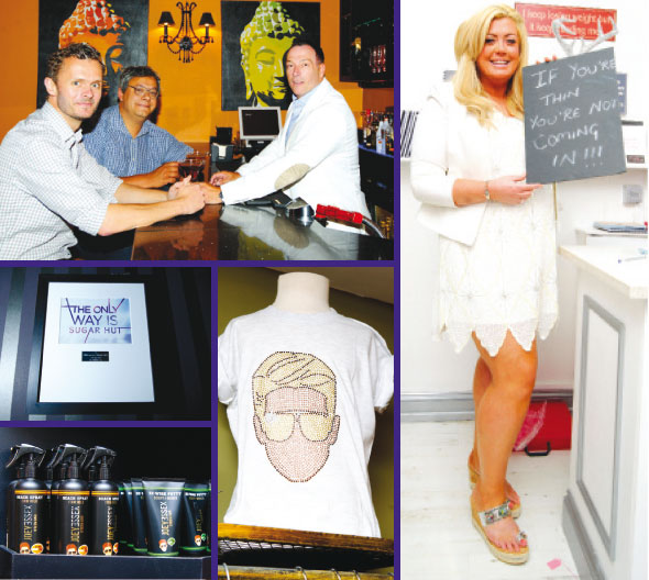 Clockwise from top left: Matt and Steve at the Sugar Hut with manager Ronnie Banks; Gemma Collins has designed a plus-size clothing collection and would love to dress Adele; Pick up a souvenir at Fusey, Joey Essex's boutique