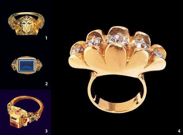 1. and 2. Front and back views of a gold ring, with vine leaves at the shoulders, the oblong bezel set with a table-cut sapphire. Private collection 3. A gold ring with a double hoop inscribed in Latin, translated as ‘What therefore God has joined together let not man put asunder.’ German, 1631. Zucker Family collection 4. A gold ring by Jean Fouquet, Paris c. 1950. Private collection