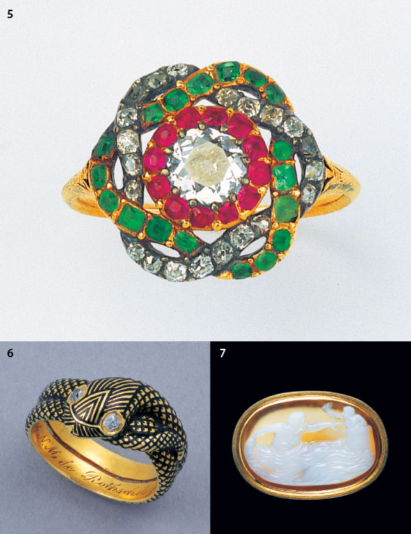 A gold and silver ring, c. 1760. The round bezel is set with a brilliant-cut diamond framed in a ruby border and surrounded by interlaced ribbons of emeralds, diamonds and sapphires. Estate of Martin Norton 6. Gold snake ring with black coils and diamond eyes, inscribed N. M. de Rothschild Obt 1836. The Earl and Countess of Roseberry 7. The Roman-style bezel of this gold ring is set with an onyx cameo, depicting Leander swimming towards Hero: 19th century. Private collection