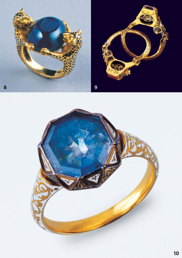 Two panthers, with emerald eyes, grip a cabochon sapphire engraved with the arms of Peter Black, as a present to his wife Monica on their marriage. By Cartier, 1956. Estate of ‘Rings have fascinated since the earliest civilisations as symbols of wealth, status, power, fealty and taste’ Mrs Monica Black 9. Another view of the gold ring with a double hoop inscribed in Latin German, 1631. Zucker Family collection 12. A single table-cut stone foiled blue dominates this gold ring (1610). Private collection