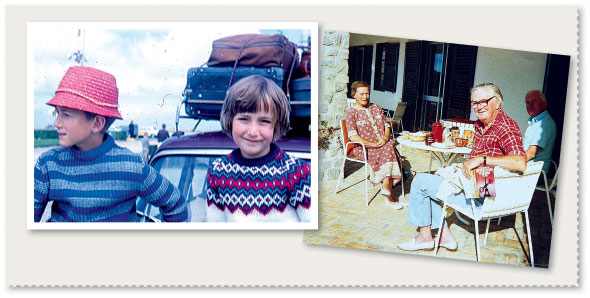 Louise with her brothr Charlie, nicknamed Lupin. Right: 1985, Roger Mortimer with his wife Cynthia 'Nidnod' - in Crete